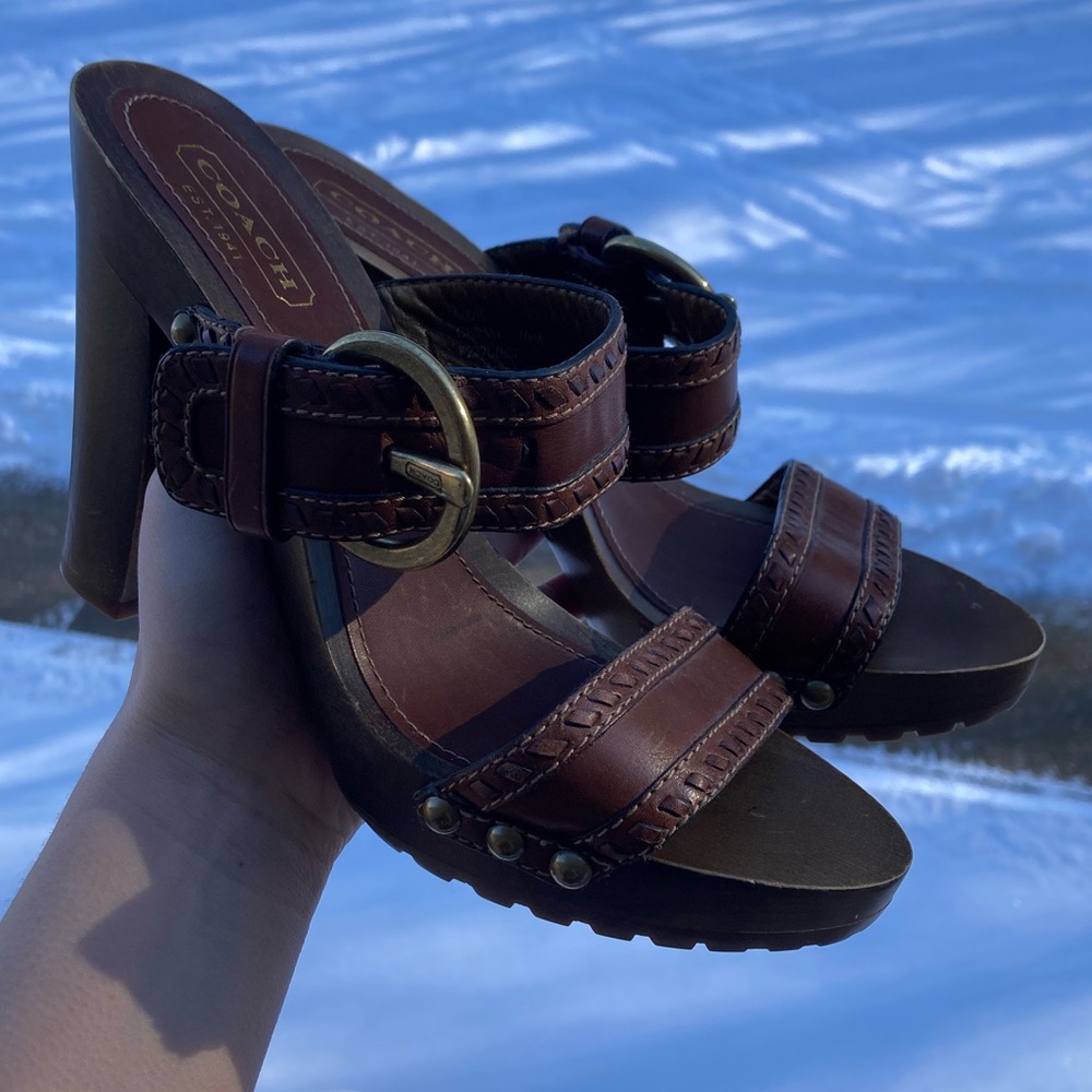 Coach Chrissy Brown Leather Whipstitch Gold Buckle Gold Studded Wooden Heels - Picture 6 of 17